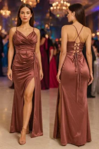 Vestido de noche satinado color terracota con abertura en la pierna y espalda descubierta con corsé, disponible para venta al por mayor en Patrizze, Mixcalco.