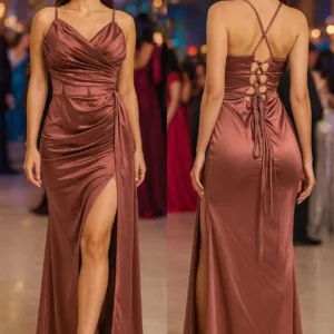 Vestido de noche satinado color terracota con abertura en la pierna y espalda descubierta con corsé, disponible para venta al por mayor en Patrizze, Mixcalco.