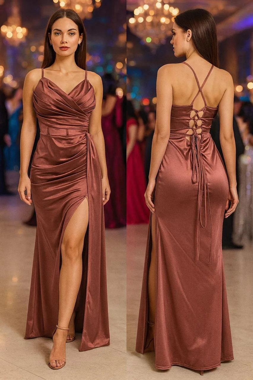 Vestido de Gala Satinado Patrizze - Proveedor Mayorista en Mixcalco Vestido de noche satinado color terracota con abertura en la pierna y espalda descubierta con corsé, disponible para venta al por mayor en Patrizze, Mixcalco.